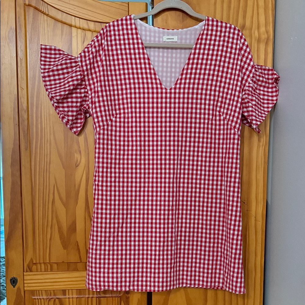 ADRIENNE GINGHAM RUFFLE-SLEEVE MINI DRESS RED PICNIC CHECKERED V-NECK WOMENS L